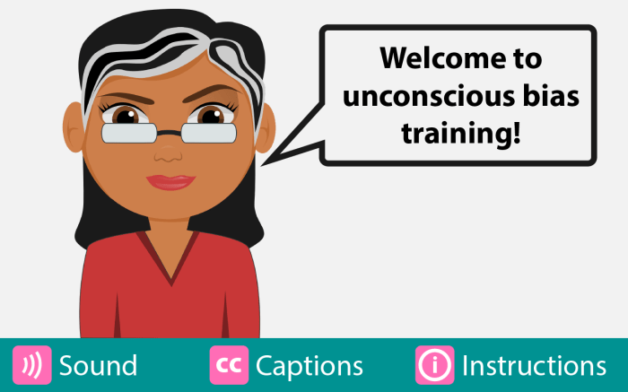 a character in an elearning module saying, “Welcome to unconscious bias training”